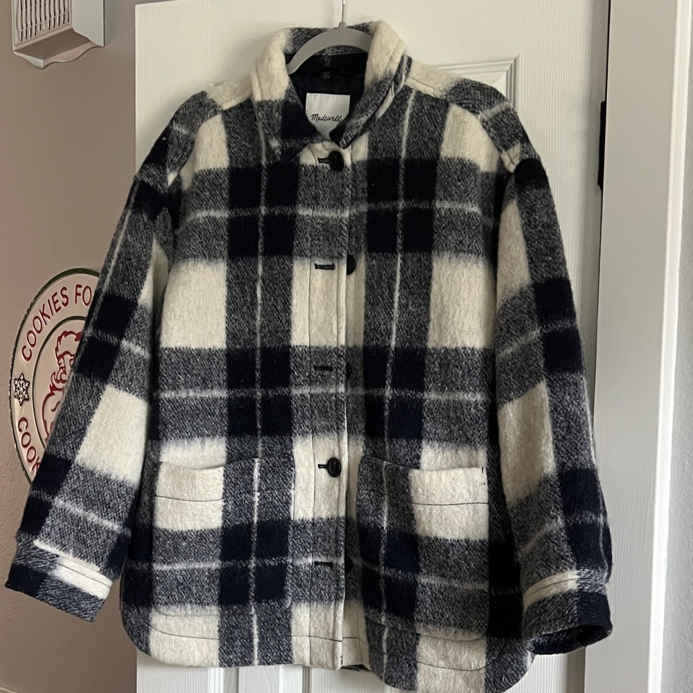 Madewell Navy and Cream Checkered Coat